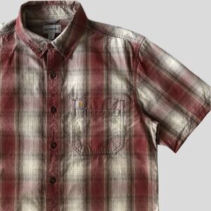 Carhartt Relaxed Fit Red Tan Plaid Short Sleeve Cotton Casual Mens Shirt L